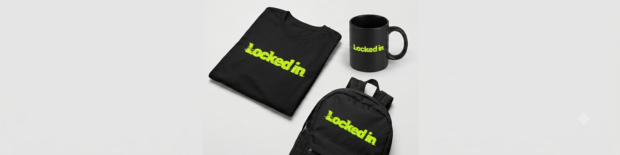 LockedIn merch — t-shirt, mug and backpack
